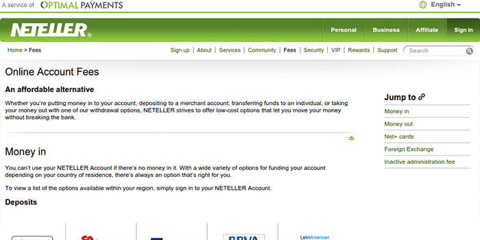 Screenshot of Neteller Fees and Taxes Page