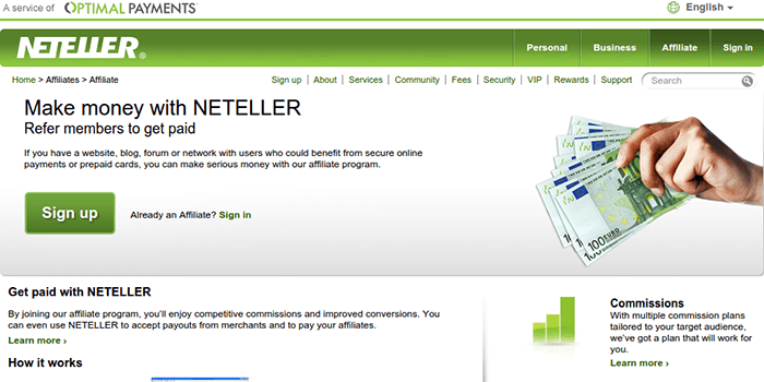 Screenshot of Neteller Affiliate Page and Terms