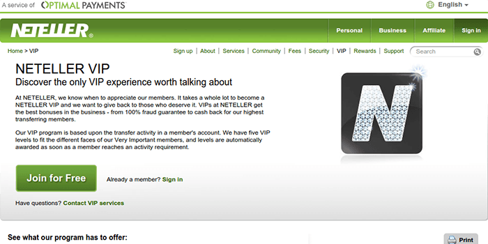Screenshot of Neteller VIP Page and Plans