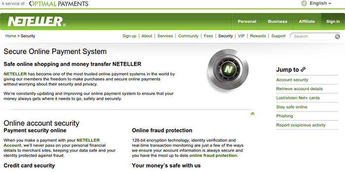 Screenshot of Neteller Security Page