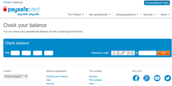 Screenshot of PaySafeCard check balance page