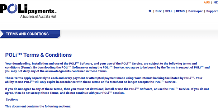 Screenshot of POLi Terms and Conditions Page