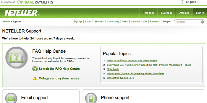 Screenshot of Neteller Customer Support Page